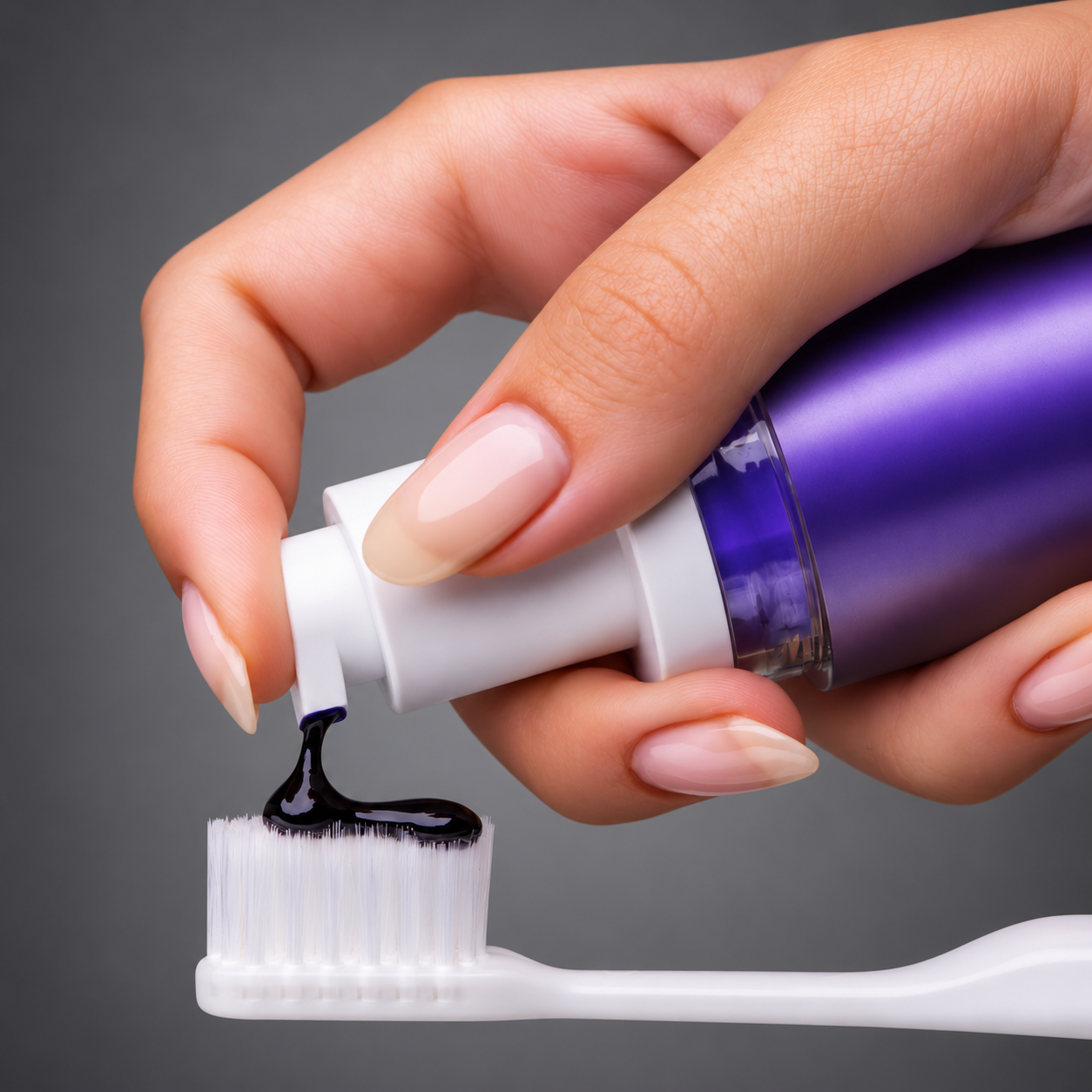 WHITR Pearl Mint serum being pumped onto a toothbrush — the PAP+ mechanism in action