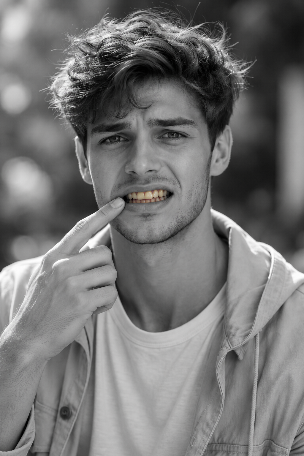 Worried man with heavily yellowed, stained teeth