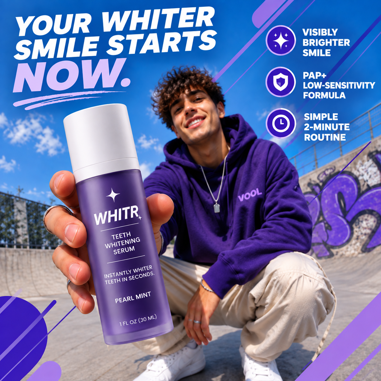 A smiling man at a skatepark holding the WHITR Pearl Mint teeth whitening serum bottle — Your Whiter Smile Starts Now